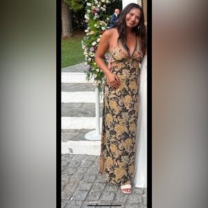 Elegant Paisley Halter Dress - Gold and Black